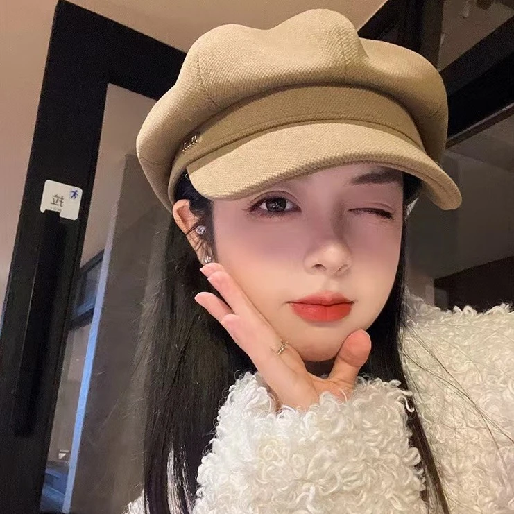 新款贝雷帽女秋冬显脸小鸭舌八角帽大头围法式复古黑色报童帽子潮