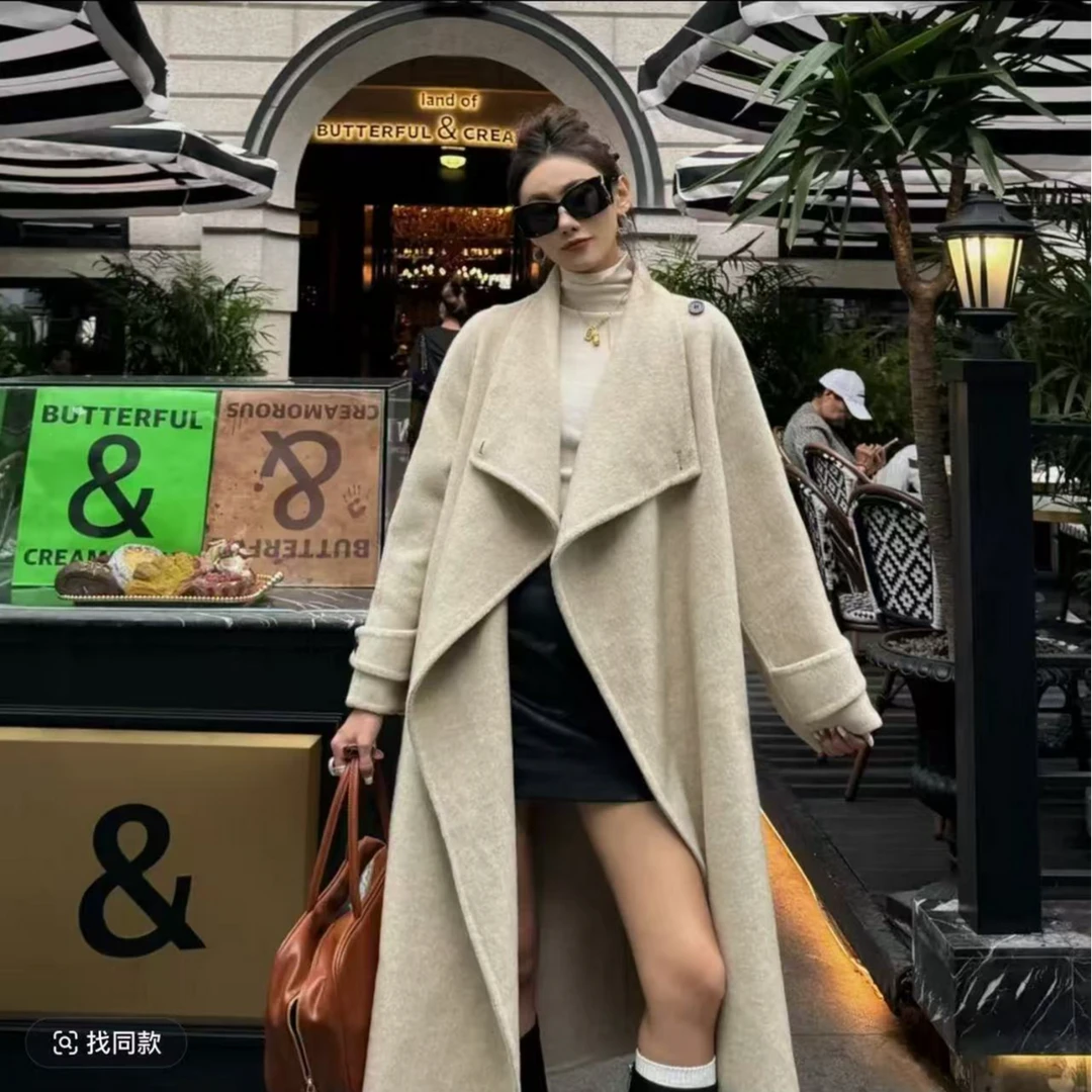 2024新款手工缝制双面羊毛大衣女翻领设计师款气质百搭外套8893