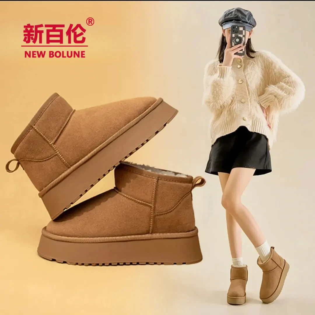 新百伦2024新款冬季加绒加厚底增高百搭短靴保暖面包雪地靴短筒靴