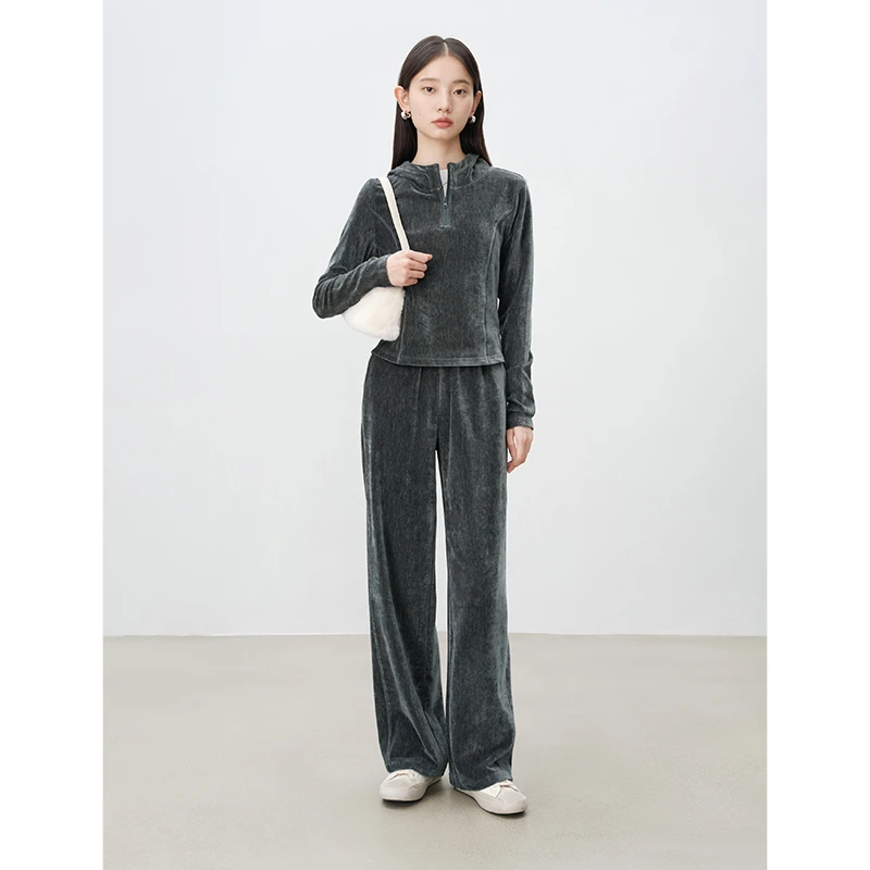 自巧自巧小个子女装时尚雪尼尔加厚卫衣直筒拖地裤套装 24ZQ94292