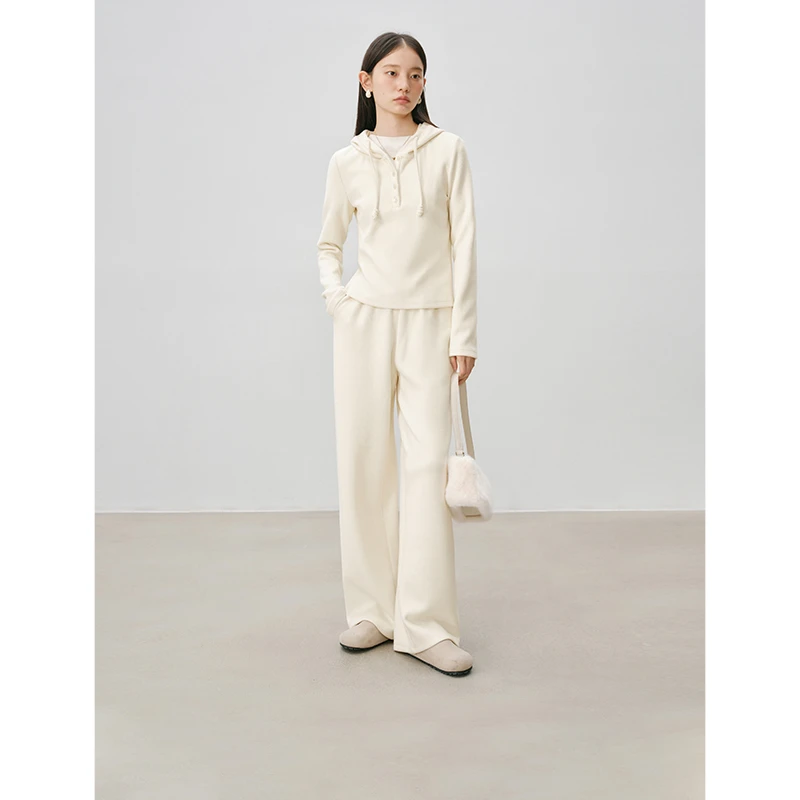 自巧小个子女装穿搭白色休闲裤连帽卫衣套装阔腿裤子 24ZQ94156