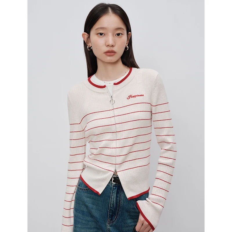自巧小个子女装穿搭时尚条纹羊毛针织衫双开拉链毛衣 24ZQ93211