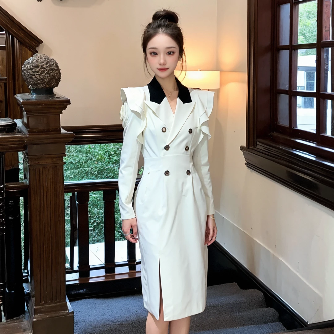 2025秋冬新款女通勤OL气质修身双排扣花瓣泡泡袖西装连衣裙61092