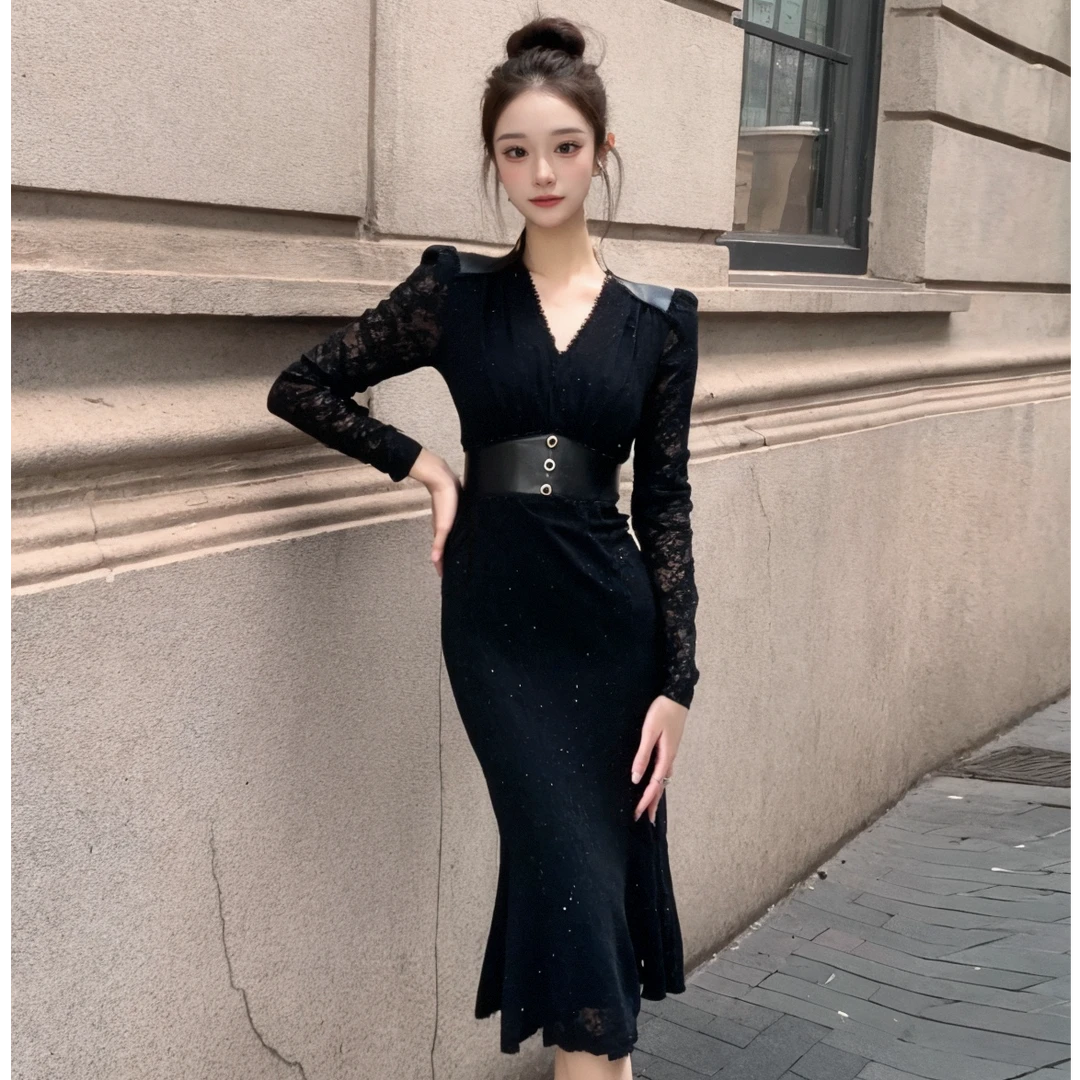 2025秋装新款女装轻熟风气质V领收腰连衣裙91364