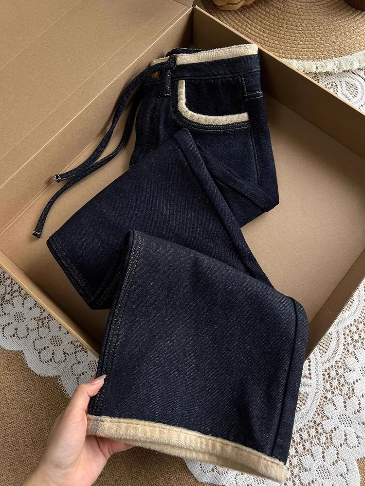 加绒加厚深蓝色直筒牛仔裤女冬季新款胖妹妹mm高腰宽松显瘦阔腿裤