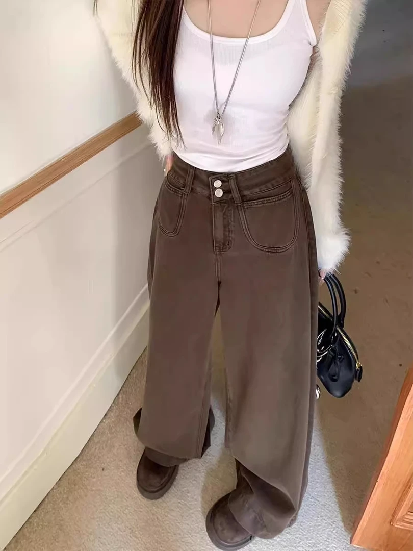 美式设计感咖色牛仔裤女早春款大码胖mm梨形身材遮胯拖地阔腿长裤