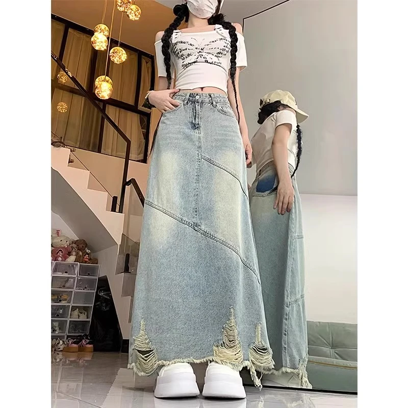 大码牛仔半身裙女夏季胖mm中长款包臀半裙a字长裙子显瘦半身裙