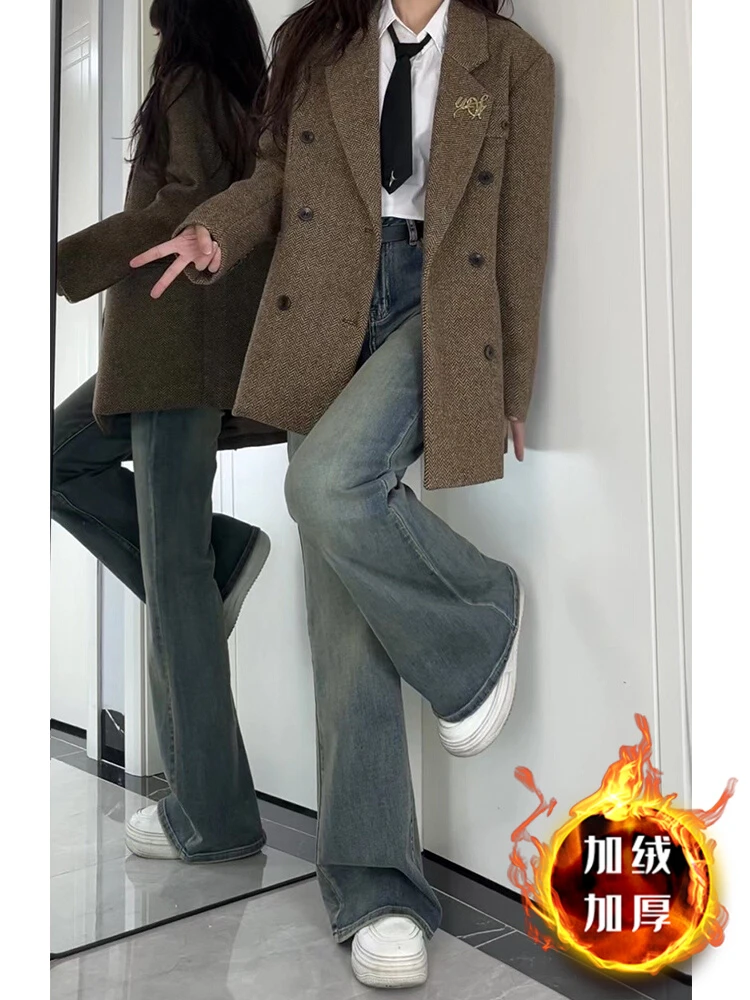 秋冬复古蓝牛仔裤2024年新款女加绒加厚微喇叭裤大码胖mm显瘦裤子