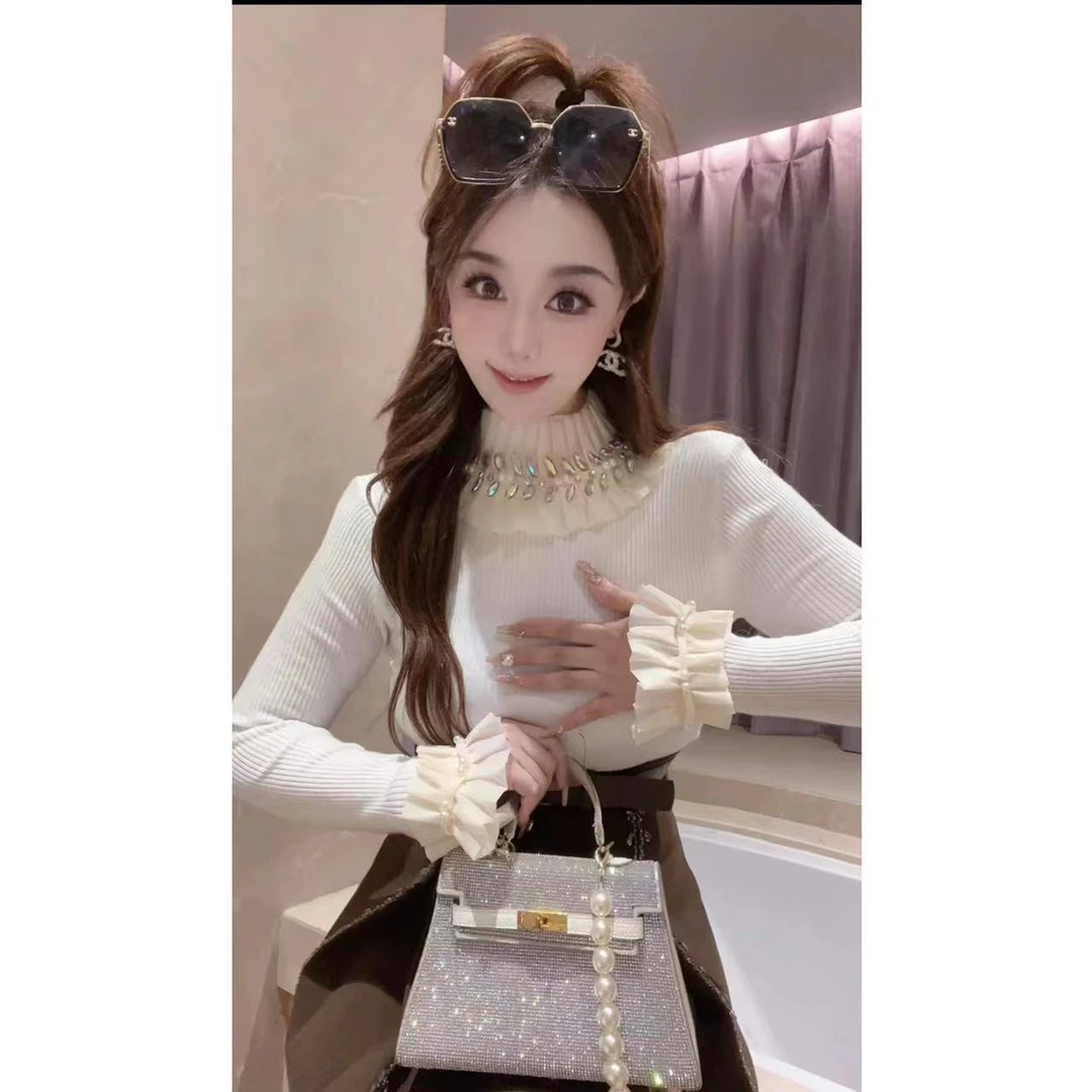 JY&JY橙子大大【冬夜晚诗】重工缝钻钉珠花边袖子毛衣上衣 15549