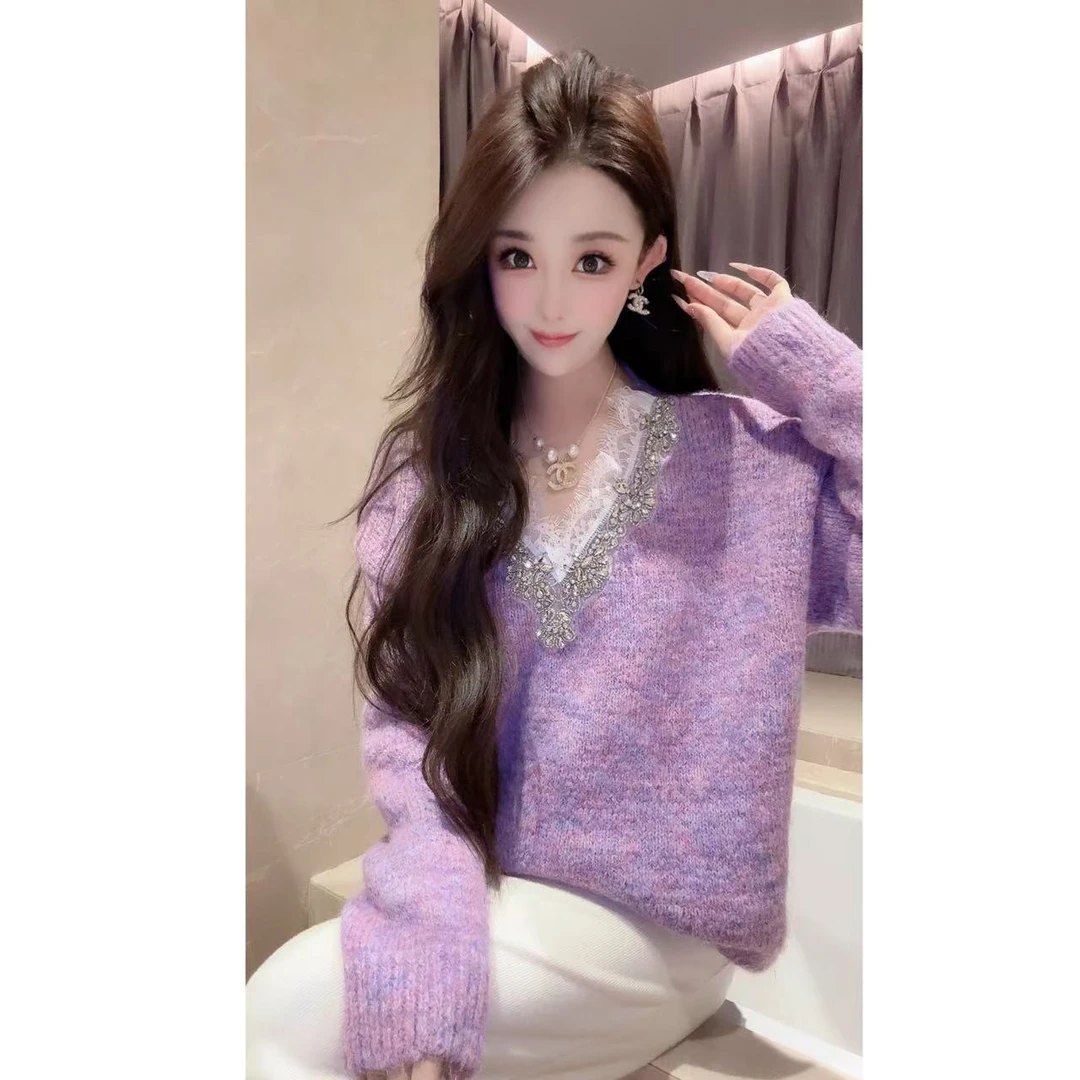 JY&JY橙子大大【心动启示】重工钉珠拼蕾丝毛衣上衣 16028