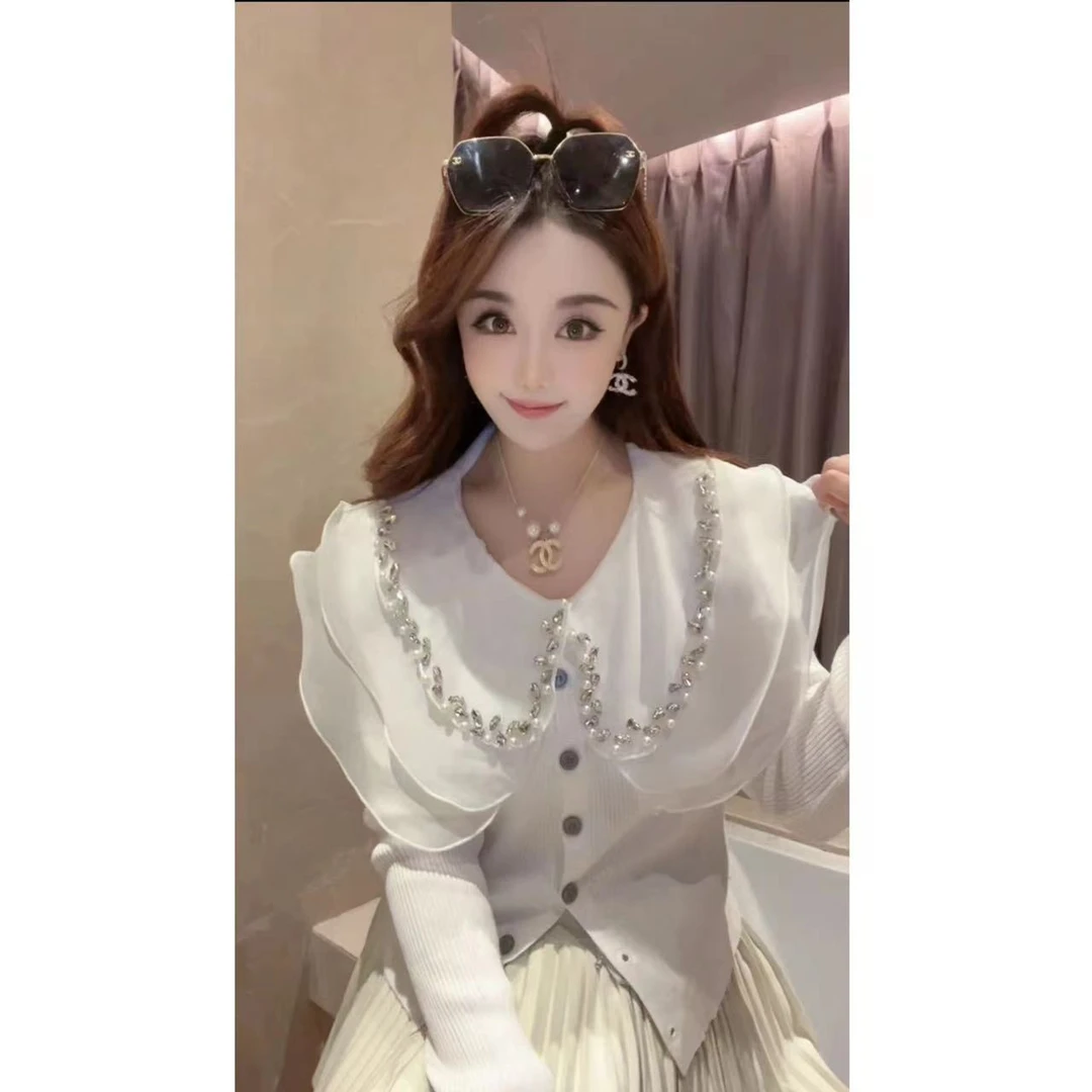 JY&JY橙子大大【冬日暖阳】重工烫钻荷叶边针织开衫上衣 15389