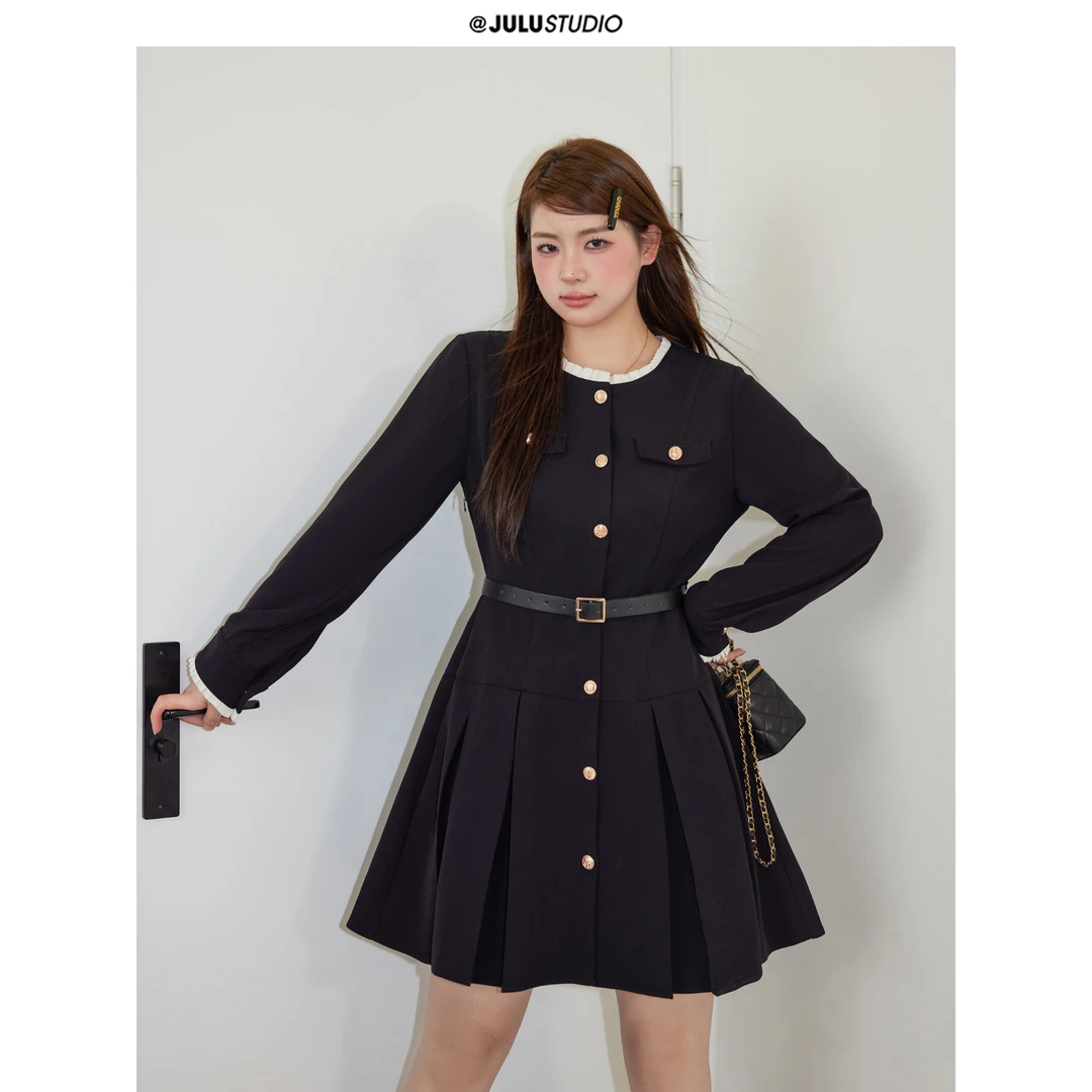 巨鹿工作室微胖mm“秋日茶话会”长袖收腰小黑裙气质千金连衣裙黑