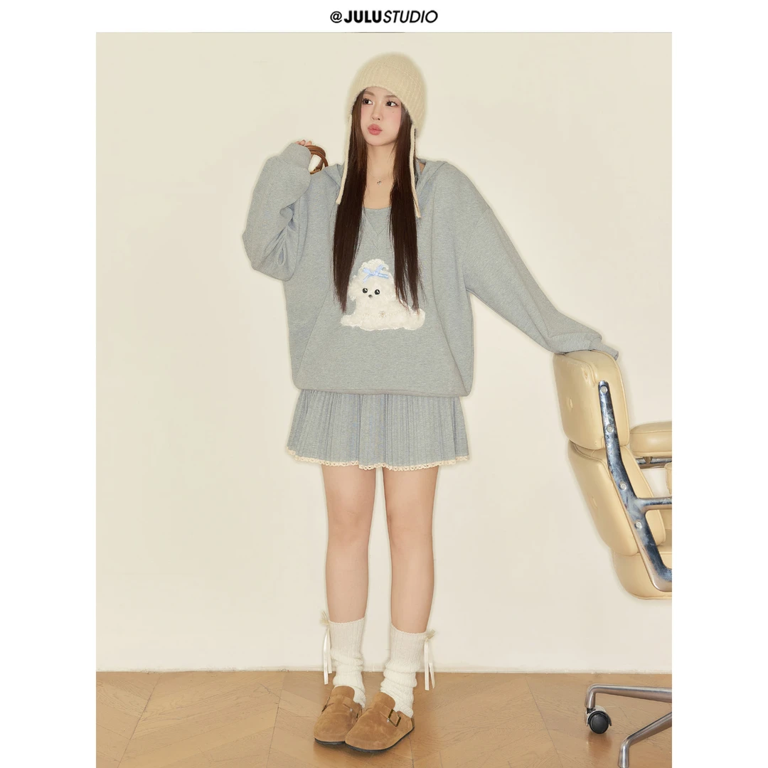 巨鹿工作室“戴着珍珠项链的小狗”微胖mm灰色慵懒大码卫衣连衣裙