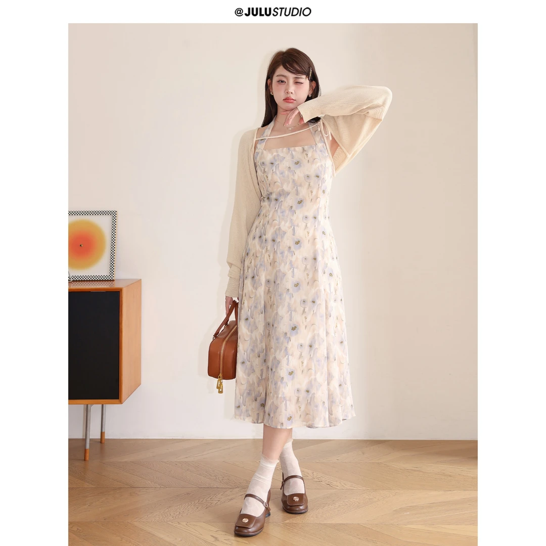 巨鹿工作室微胖mm“一次氛围试探”水彩印花挂脖露背连衣裙开衫
