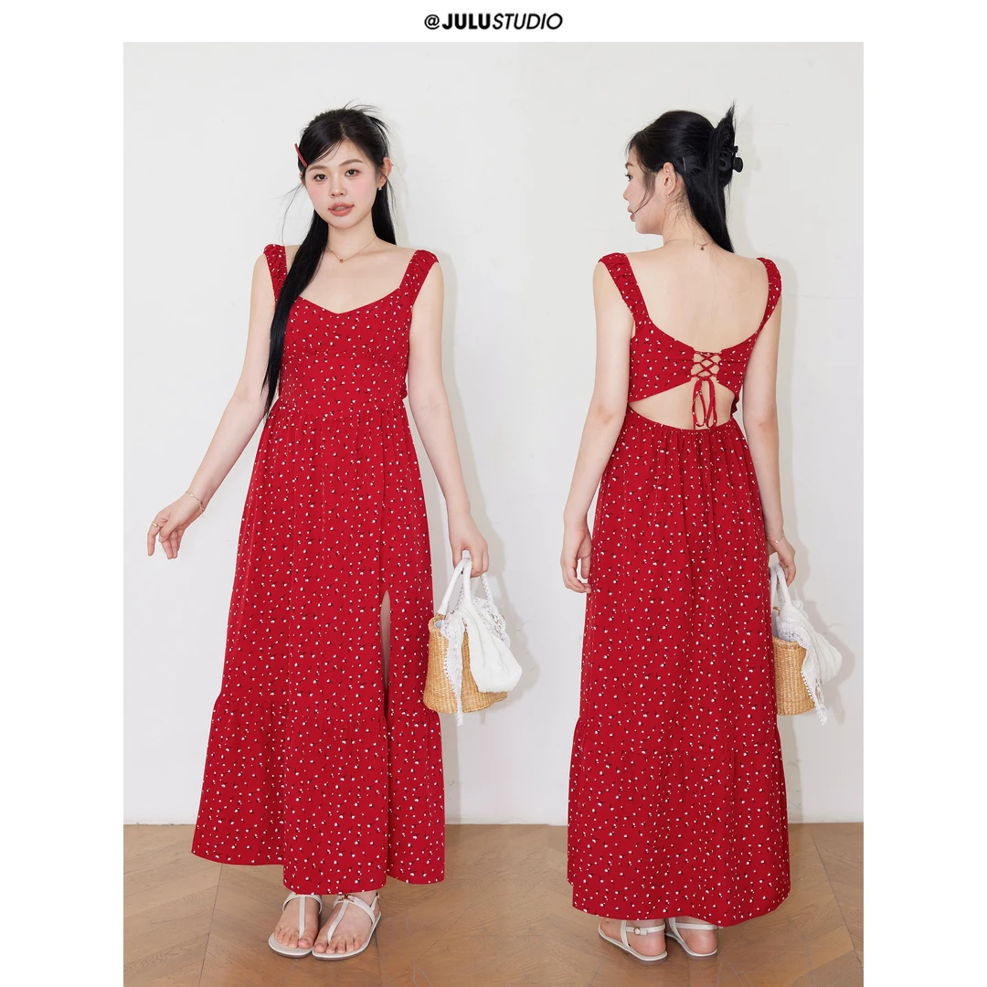 巨鹿工作室“无尽夏夜”微胖mm露背碎花吊带裙显瘦开叉大码连衣裙