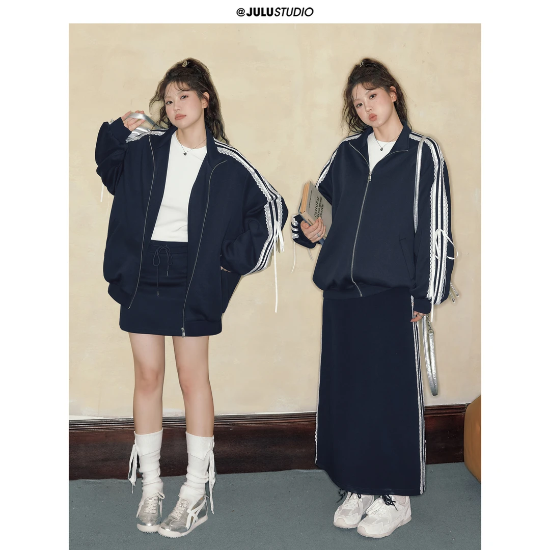 巨鹿工作室“都市俱乐部”微胖mm少女感休闲蕾丝夹克大码休闲套装