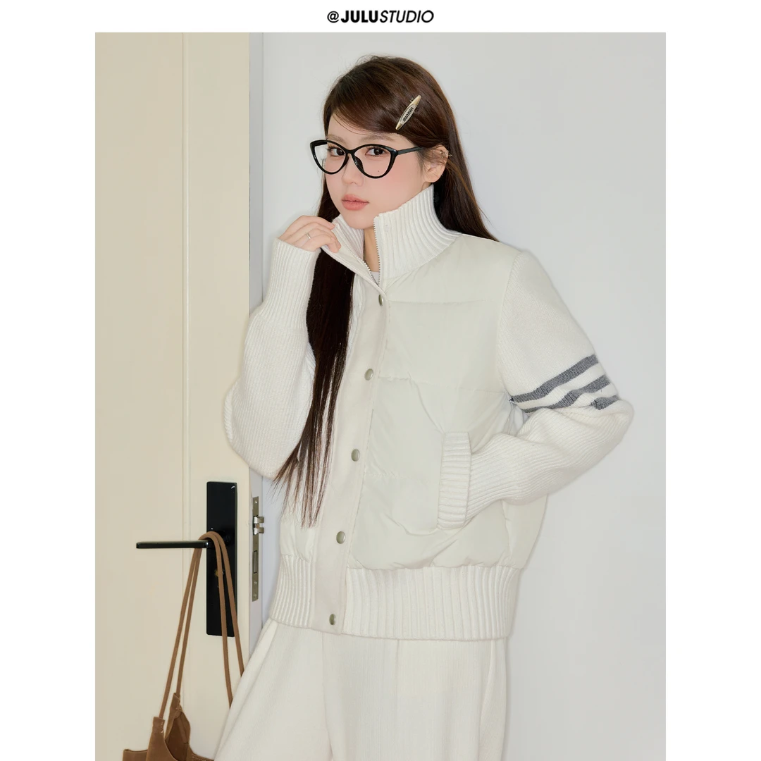 巨鹿工作室“冬日雪恩岛”微胖mm云朵感温暖厚实感毛织拼接羽绒服