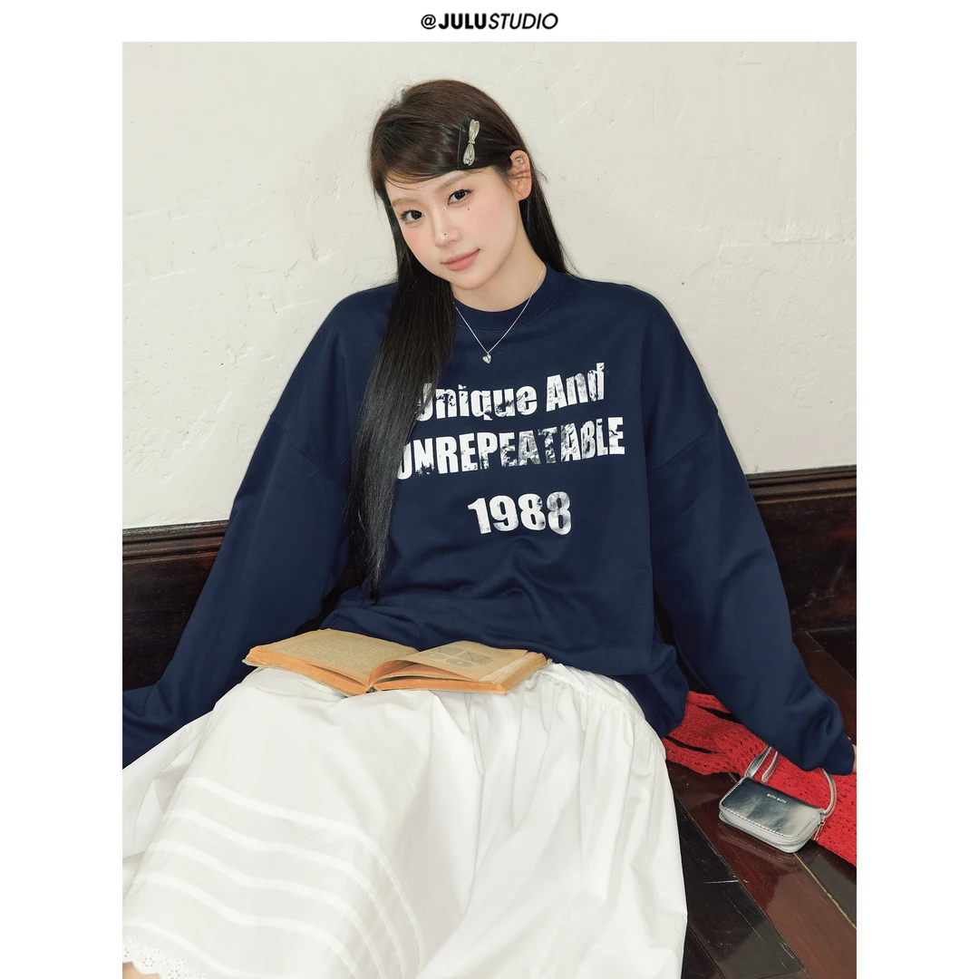 巨鹿工作室“做旧马赛克”微胖mm慵懒感宽松套头字母卫衣大码上衣