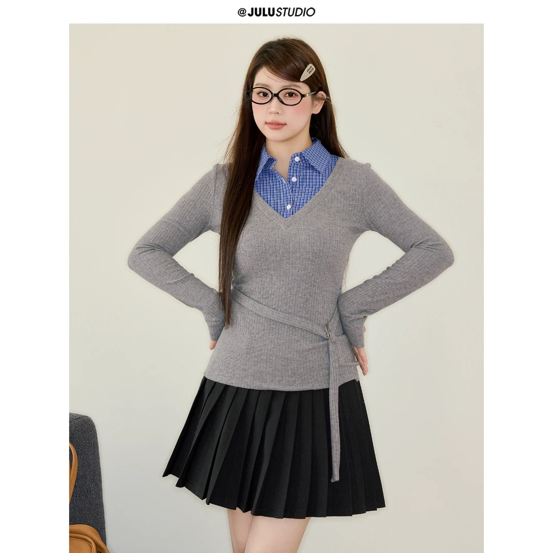 巨鹿工作室“层层叠叠”微胖mm设计感假两件显瘦拼接针织大码上衣