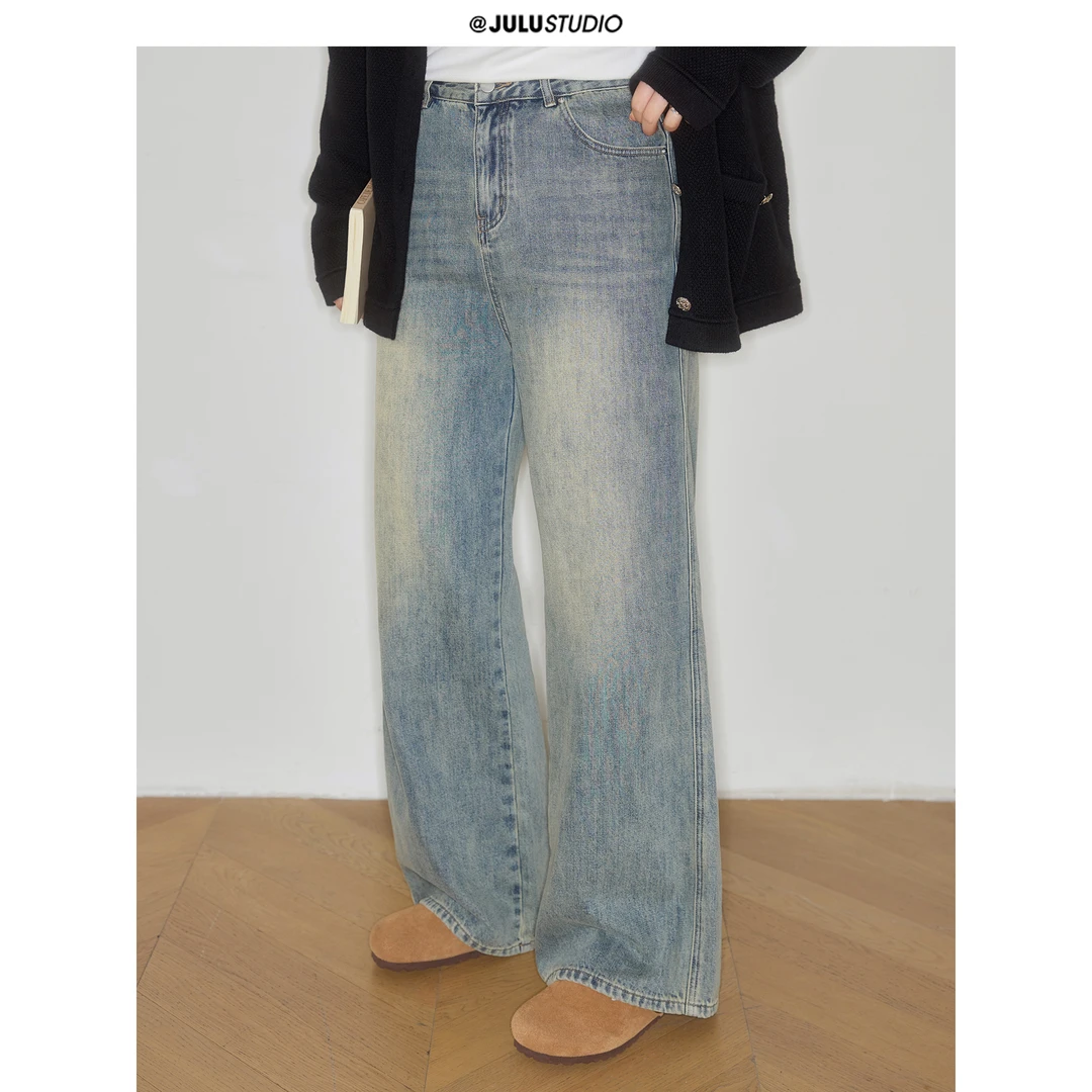 巨鹿工作室“废土做旧”微胖mm挺括复古水洗蓝直筒长裤大码牛仔裤