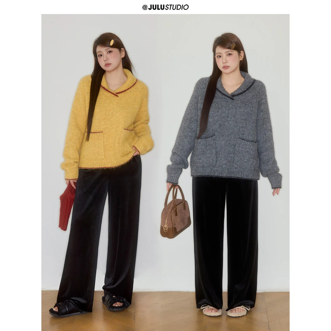 巨鹿工作室“奶酪威化”微胖mm撞色慵懒宽松翻领套头毛衣大码上衣