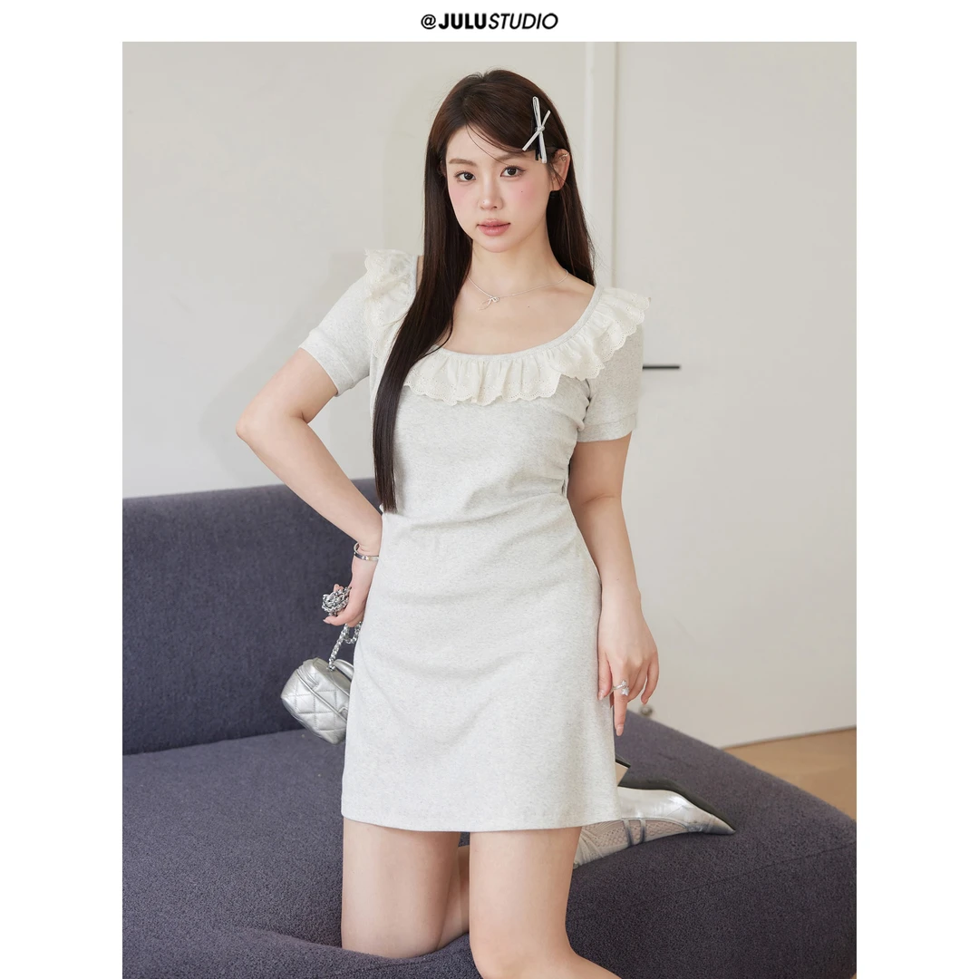 巨鹿工作室“灰烬无响”微胖mm方领收腰包臀连衣裙大码灰色长裙