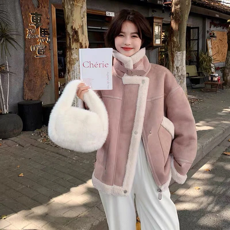 一体羊羔毛外套女冬加绒加厚2024新款立领机车毛绒棉服 4511