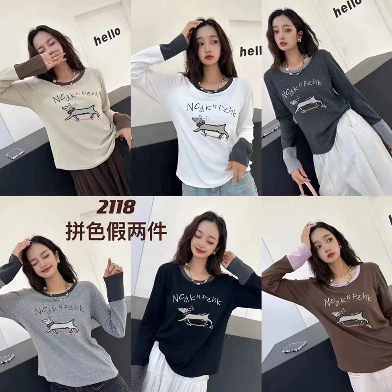 气质通勤长袖女秋装休闲简约新款宽松显瘦百搭时尚上衣T恤 2118