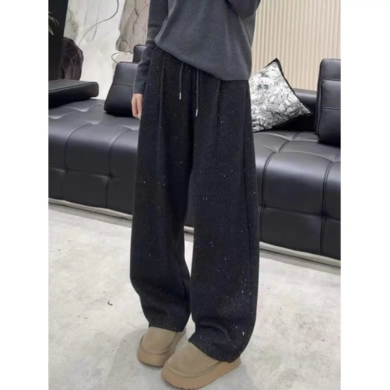 不掉钻星空裤韩版加绒休闲裤 冬季时尚高腰加厚松紧腰直筒裤 8077
