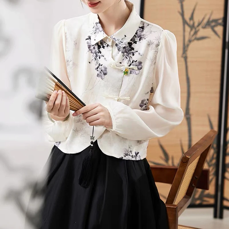 新中式国风斜襟盘扣衬衫女新款小个子绝美提花改良款衬衫 9215