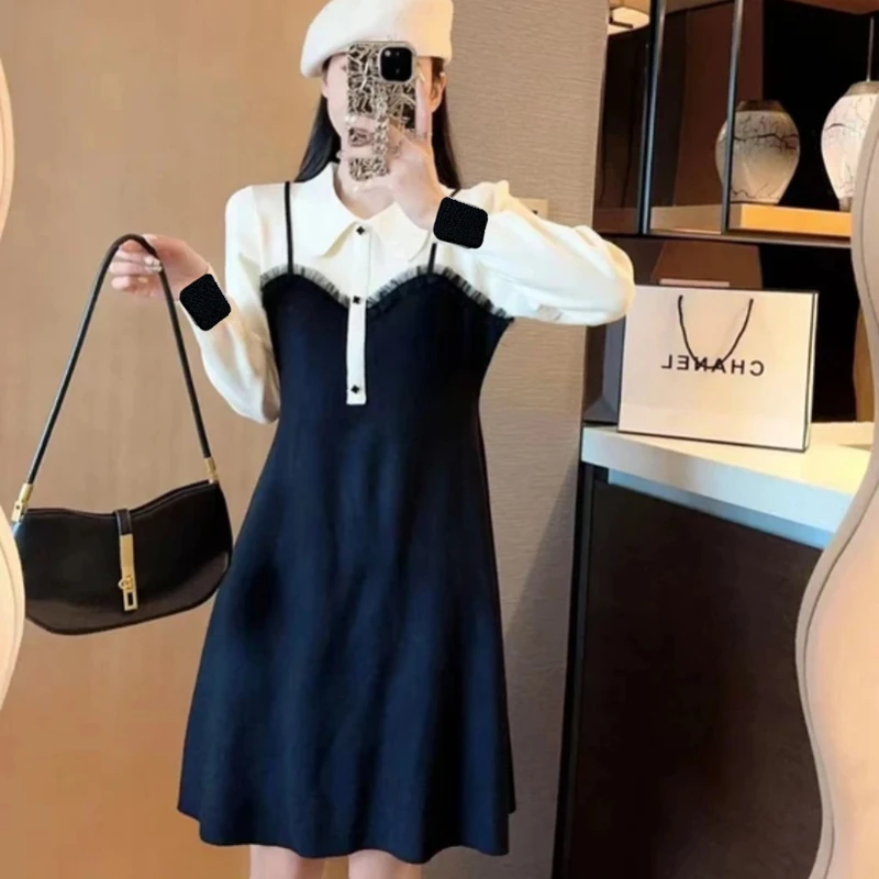 气质淑女撞色拼接假两件翻领连衣裙新款收腰显瘦a字长袖裙子 1678