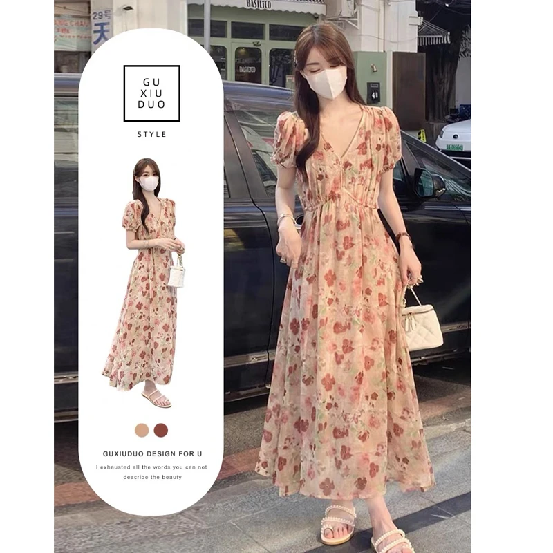 温柔风收腰夏季显瘦连衣裙女夏高级感泡泡袖压褶气质碎花长裙2811