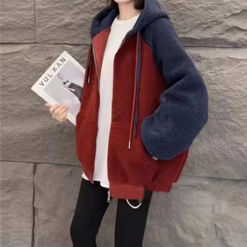 美式大版羊羔绒夹克高街ins撞色连帽保暖时尚上衣百搭外套 7581