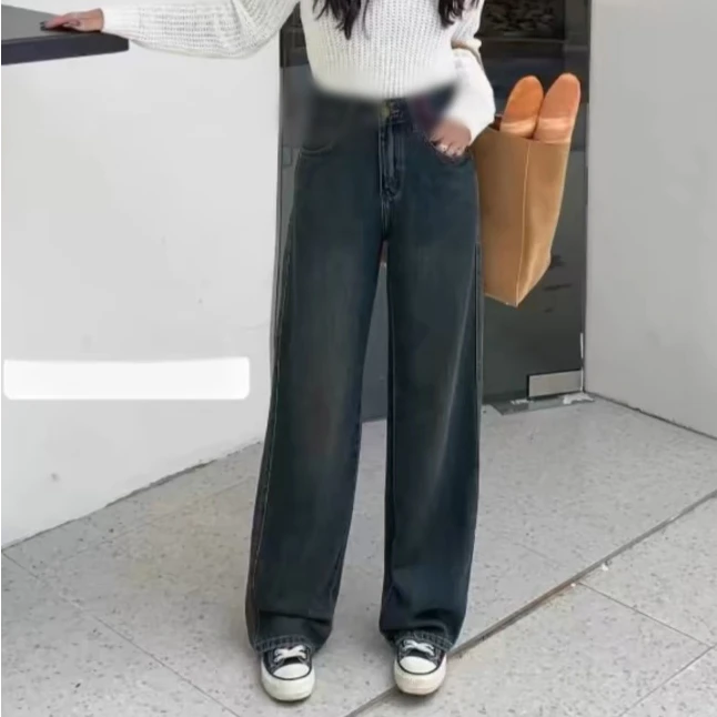 设计感零度可穿一体绒微弹加厚复古高腰阔腿百搭直筒牛仔裤 5958