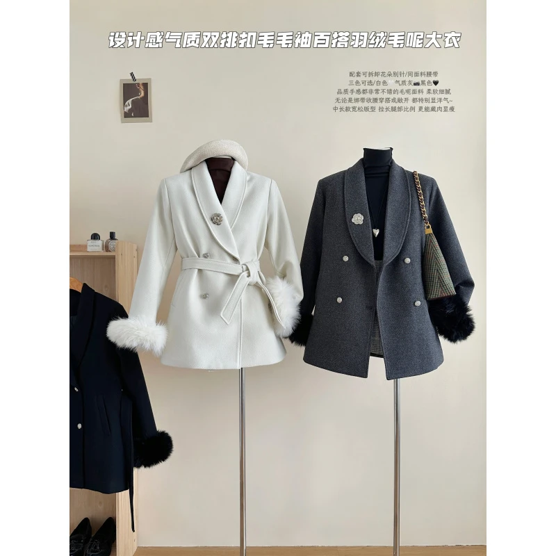 欧货轻奢风气质设计感双排扣毛毛袖拼接时尚洋气可拆毛呢外套大衣