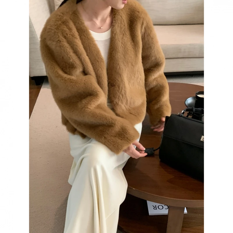韩国chic冬季法式高级感V领宽松休闲百搭长袖保暖仿貂毛皮草外套