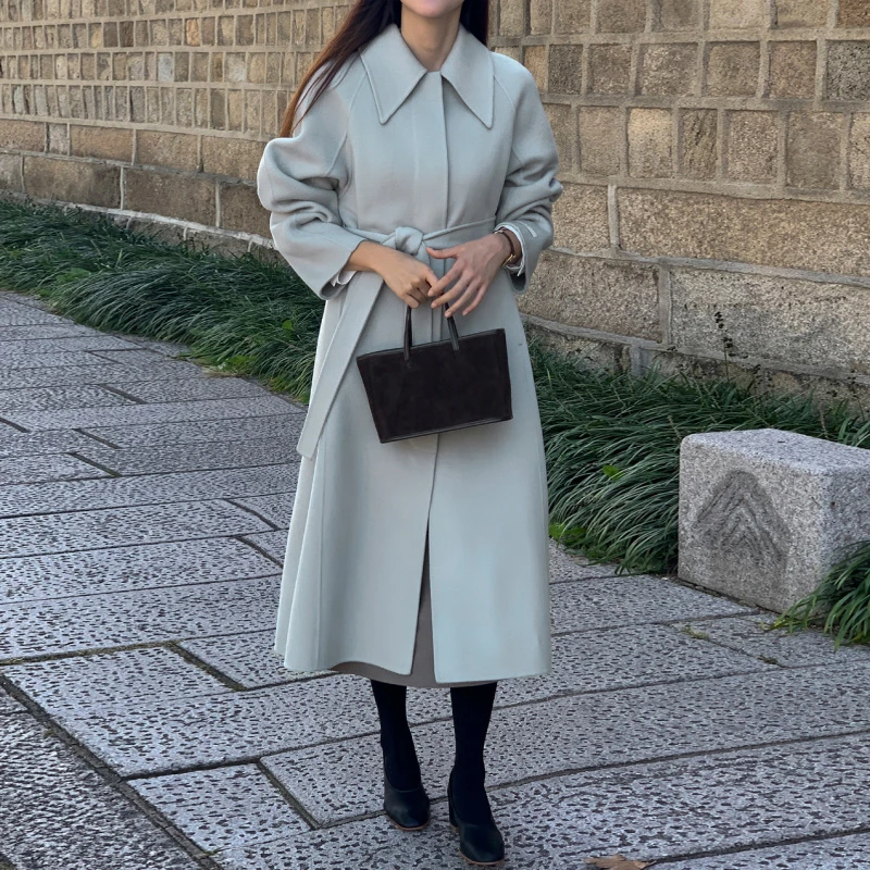 韩国chic冬季法式基础款翻领系带收腰显瘦百搭长款呢子外套大衣女