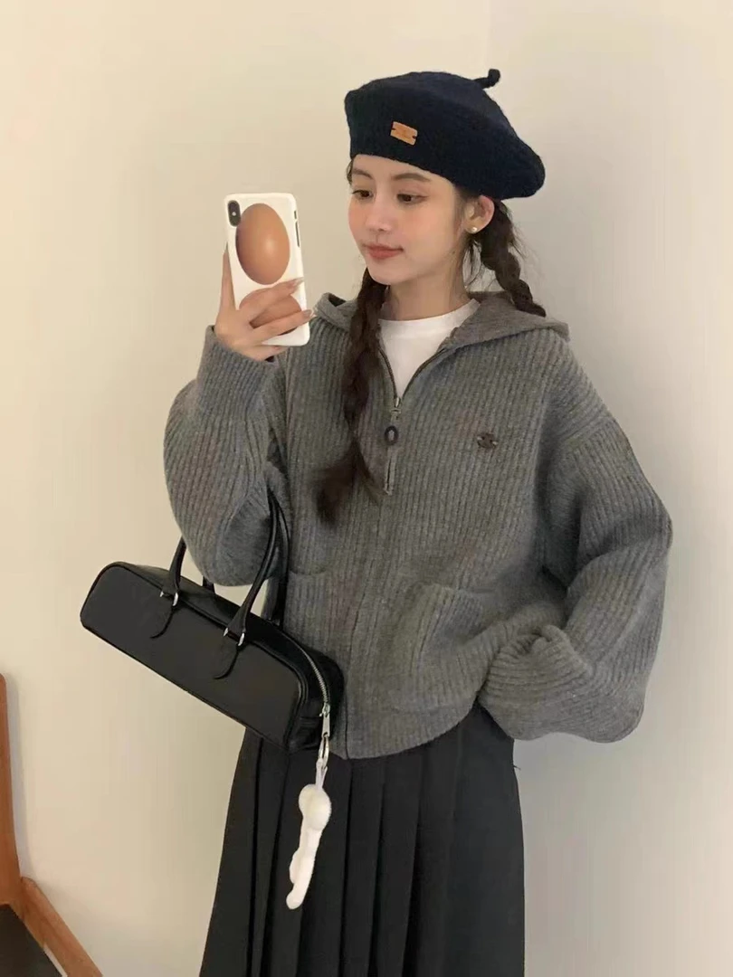 egg羊毛开衫----减龄连帽拉链羊毛开衫纯色百搭毛衣针织衫慵懒风