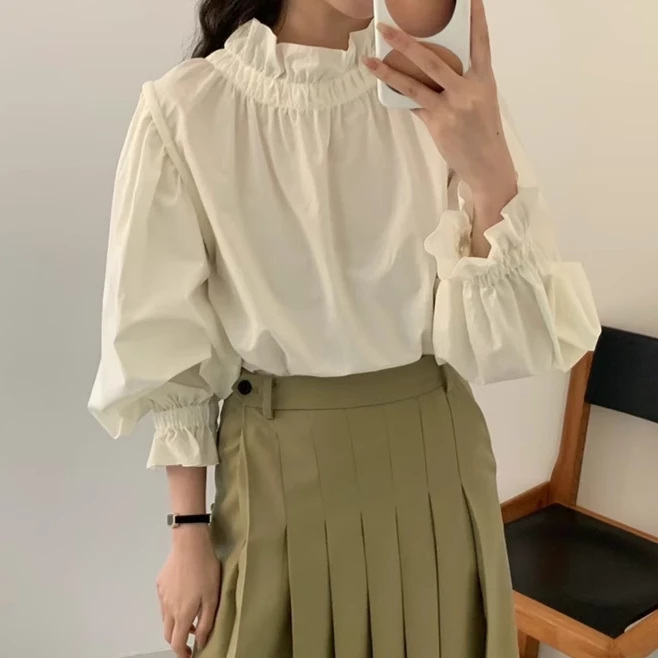 egg韩版小众百搭木耳花立领甜美气质宽松衬衫QS2382910