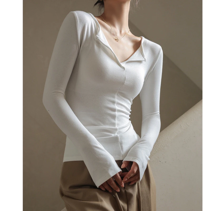 高品质莫代尔秋冬季V领打底衫女内搭设计感上衣白色长袖t恤打底衣