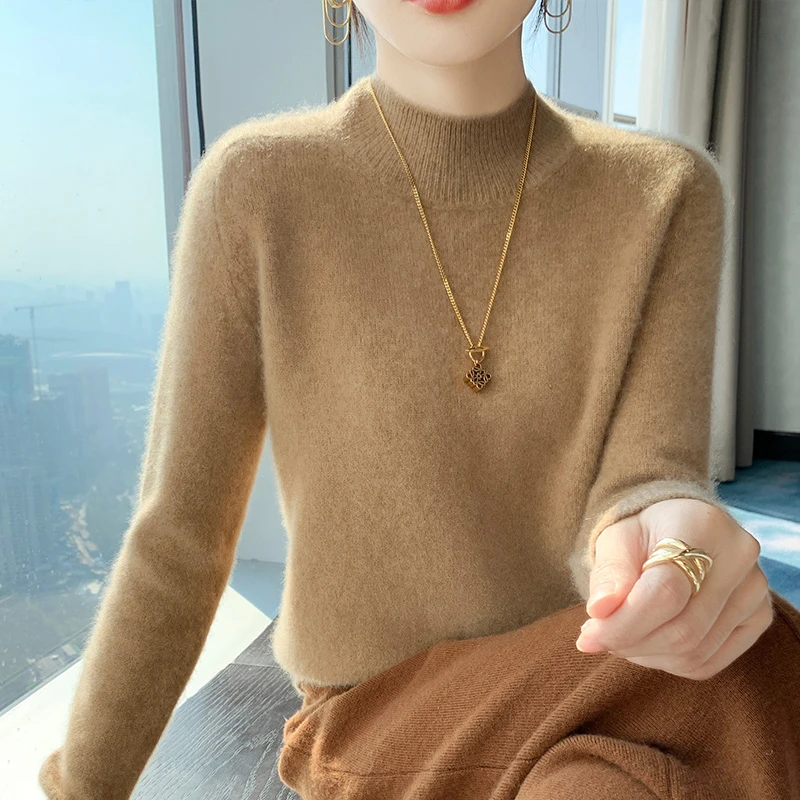 法式马鞍肩羊毛衫女半高领加厚宽松毛衣秋冬纯羊毛保暖打底衫上衣