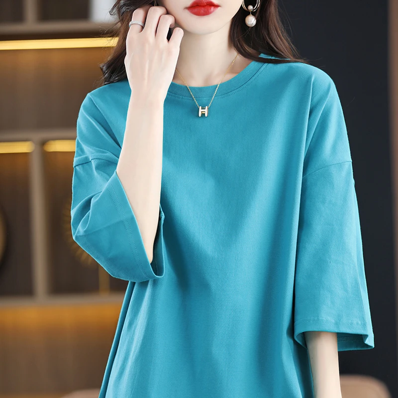 韩版简约中长款纯棉短袖女圆领宽松高个子遮屁股长T恤半袖上衣潮