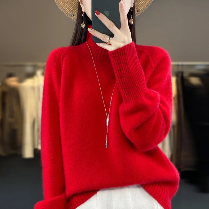 红色半高领100%纯羊毛衫女秋冬加厚插肩宽松毛衣法式慵懒打底衫