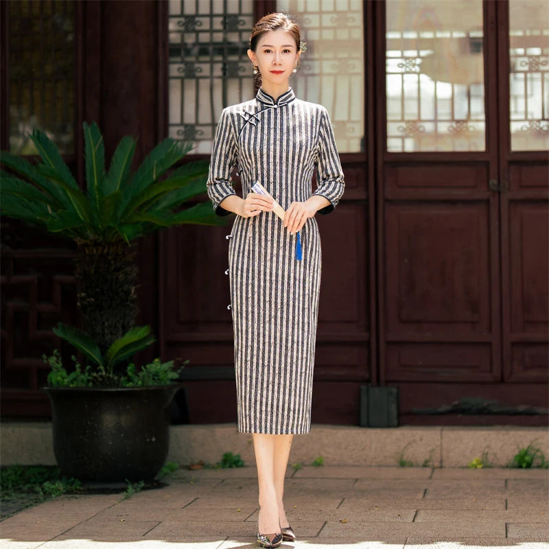 气质竖条纹七分袖气质旗袍