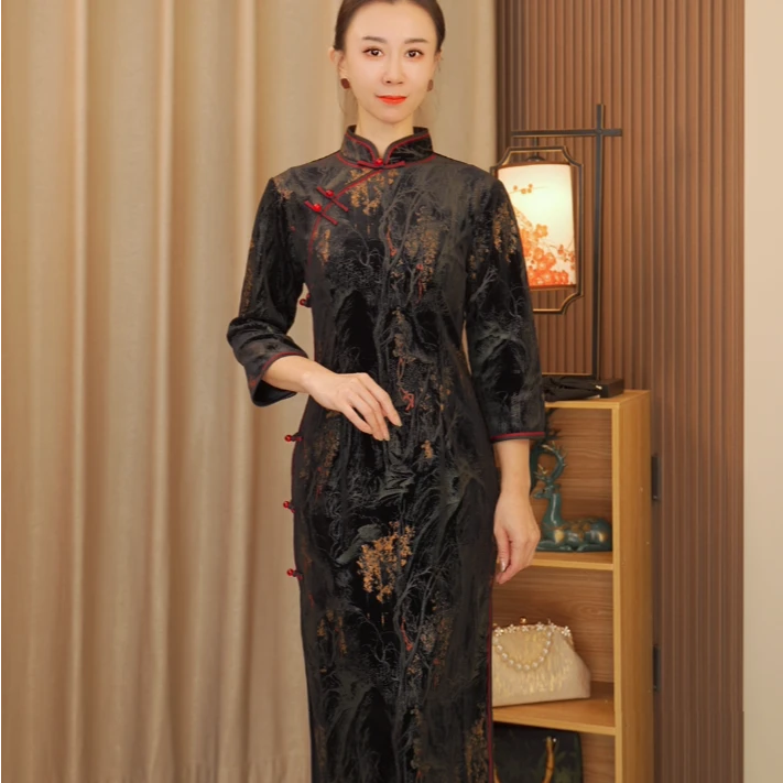 娴雅 秋冬新品7分袖国风日常气质旗袍衣长120