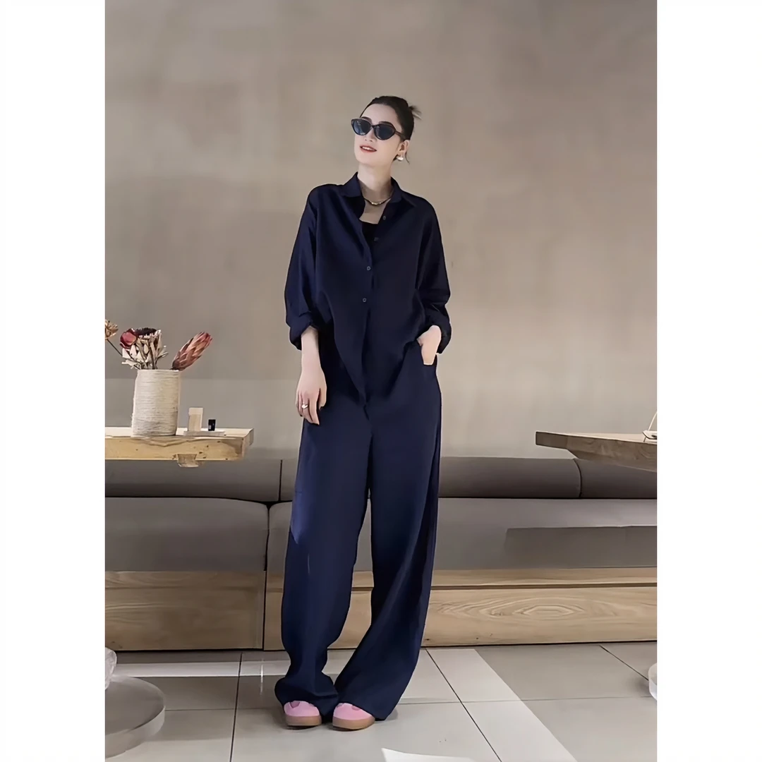 极简风时尚通勤套装女气质高级感藏蓝色宽松衬衫休闲阔腿裤两件套