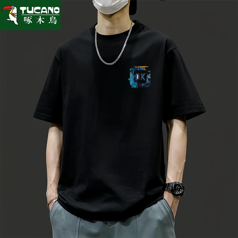 t啄木纯棉短袖t恤男夏季重磅全棉百搭运动休闲青少年圆领上衣半袖