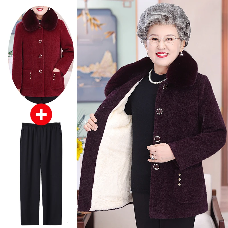 中老年人秋冬款奶奶装水貂绒厚外套60岁妈妈装开衫毛领上衣服女装