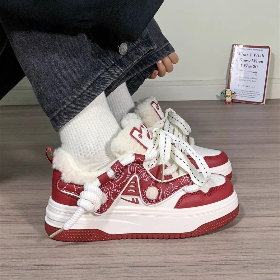 Warrior/回力黑白熊猫板鞋女2024秋冬加绒二棉厚底鞋子女原创女鞋