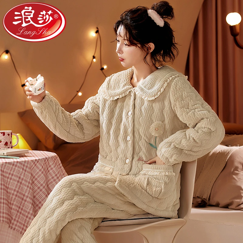 浪莎睡衣女冬季全新爆款三层夹棉加厚加绒保暖家居服XEQN3357浅灰